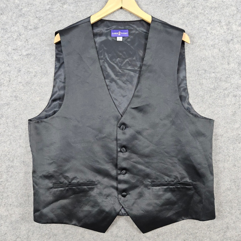 Lord West Men's Black Satin Formal Vest Waistcoat Size L Polyester‎ Church Prom